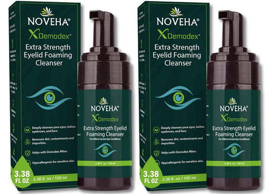 NOVEHA Demodex Eyelid Cleanser Foam | Extra Strength Tea Tree Oil Formula | Daily Face Wash For Eyelash, Demodex, MGD, Stye Eyes, Eye Irritations & Skin Dryness, 3.38 fl. oz. (100ml) - (Pack of 2)