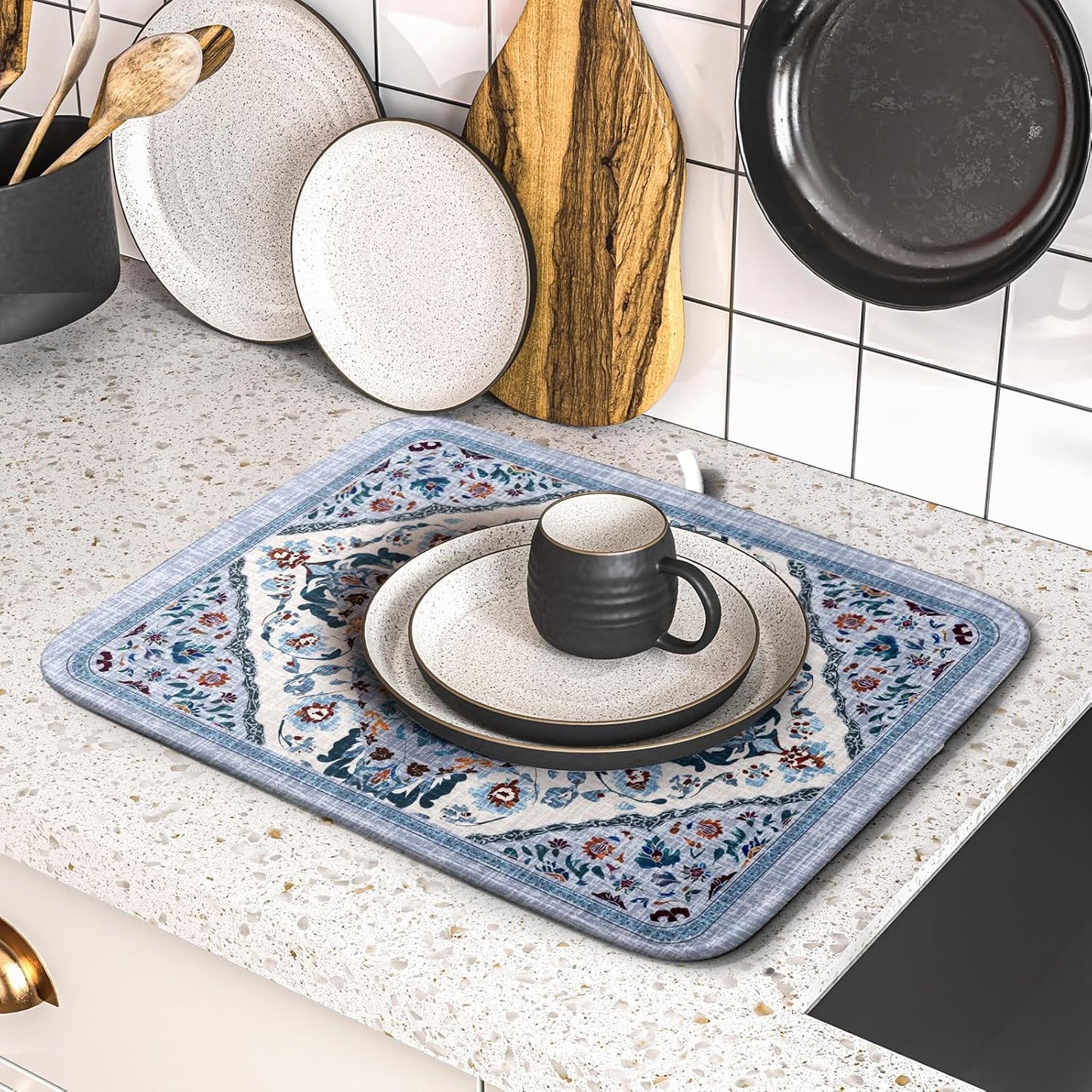Boho Flower Dish Drying Mat Blue Bohemian Dishes Drainer Rack Mat 16x18 Inch Microfiber Kitchen Drying Pad for Countertop Tableware Decor