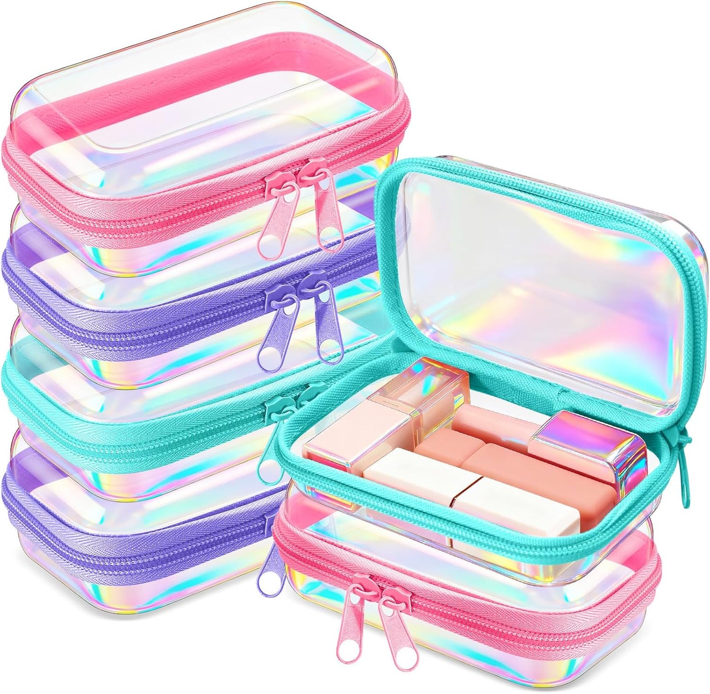 Sanwuta 6 Pcs Clear Hard Zipper Case Pencil Pouches Hard Plastic Zipper Pouches Makeup Bag Transparent Cases for Snacks Plastic Storage Organizer Box for Travel(Holographic,5 x 3 x 2 Inch)