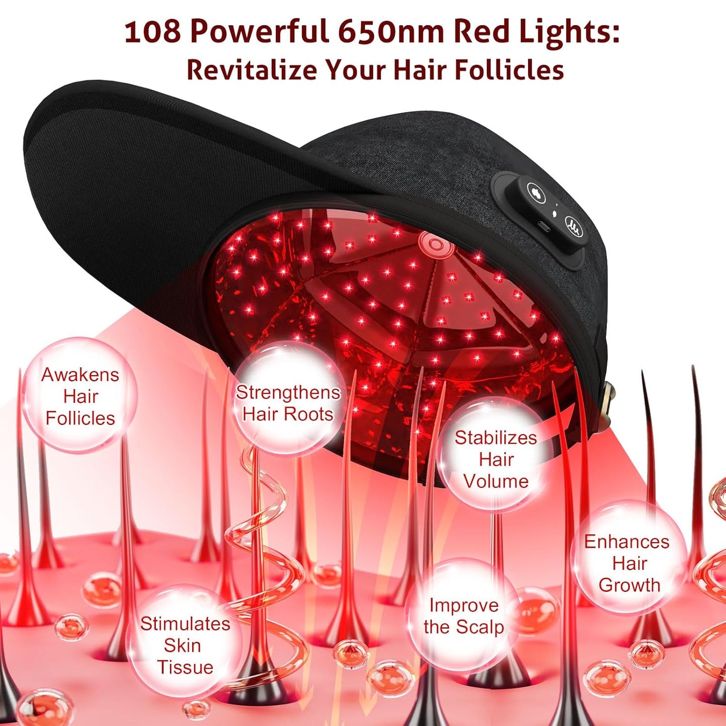 Laser Cap for Hair Growth, Wireless Red Light Therapy for Hair Growth, Strengthen Hair Roots, Hair Loss Treatment for Men and Women