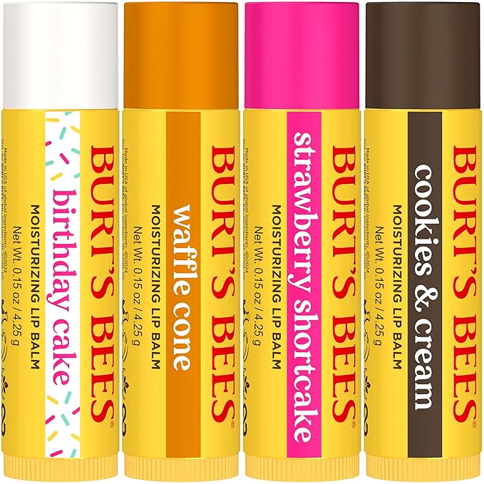 Burt's Bees Lip Balm Party Pack - Birthday Cake, Waffle Cone, Strawberry Shortcake, and Cookies & Cream, All Day Moisturizer, Tint-Free, Natural Origin Conditioning Lip Treatment, 4 Tubes, 0.15 oz.