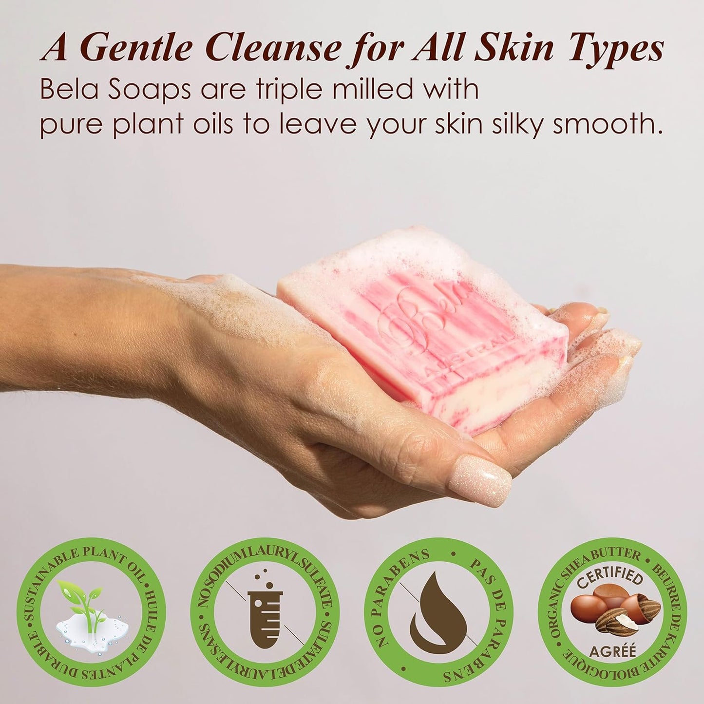 BELA Evening Jasmine Soap 3.3 OZ Pack of 6, Long Lasting French Triple Milled Bar Soap with Organic Shea Butter, Hand, Face and Body Wash Bar, Made in Australia