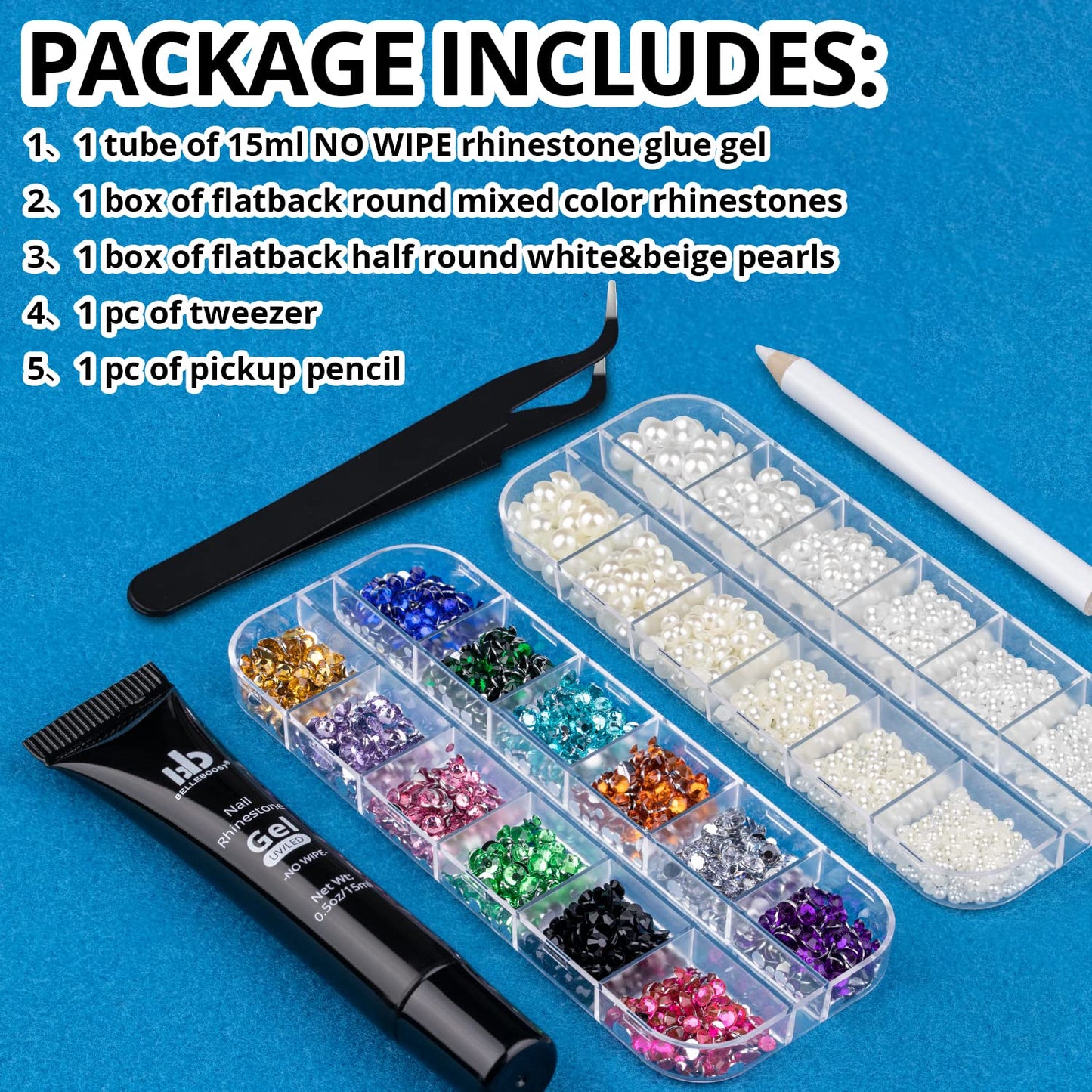 Nail Art Rhinestone Glue Gel&2 Boxes Flatback Gems Kit, 1 Tube of 15ml Rhinestone Gel Glue(UV/LED Needed)+Colorful Gems+Flat-Back Half Round White&Beige Pearls with Pickup Tools