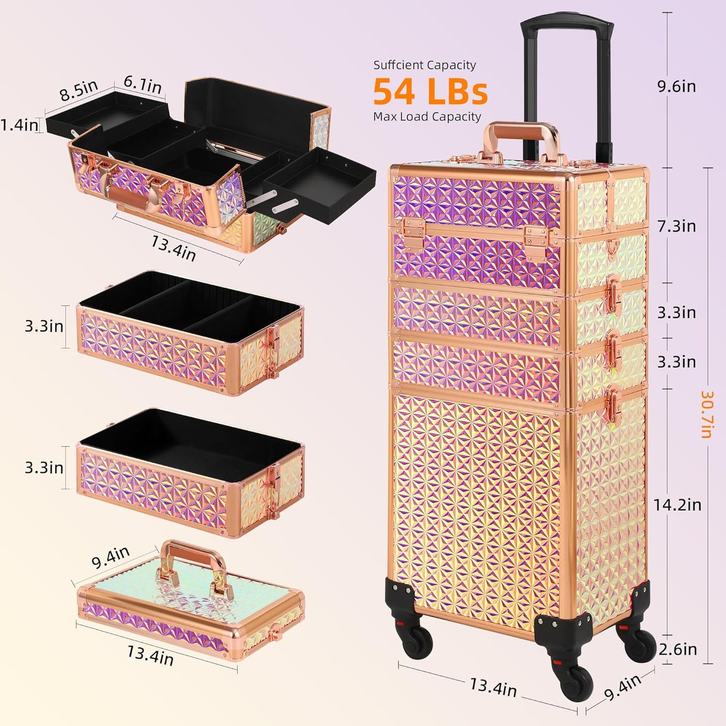 Rolling Makeup Case, Makeup Train Case with Lid, 5 in 1 Cosmetology Case on Wheels, Christmas Gift, Large Makeup Organizers, Profesional Cosmetic Case for Salon Barber, Bright Pink