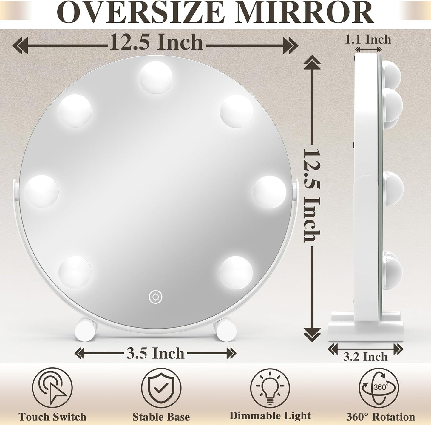 Vanity Mirror with Lights, 12 Inch Hollywood Mirror with Lights for Makeup Desk, LED Makeup Mirror with 7 Dimmable Bulbs for Bedroom Tabletop, Smart Touch Dimmable 3 Modes, 360° Rotation