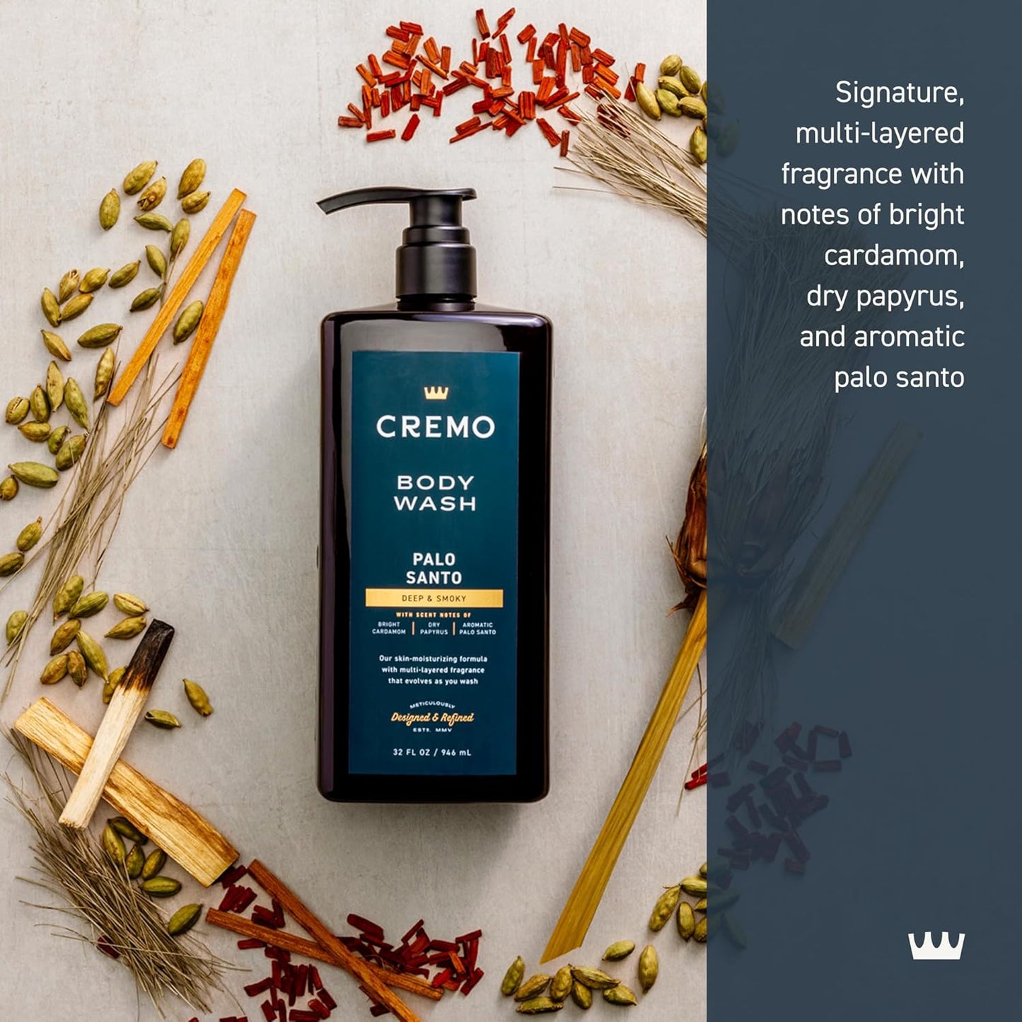 Cremo Rich-Lathering Palo Santo Body Wash for Men, Notes of Bright Cardamom, Dry Papyrus and Aromatic Palo Santo, 32 Fl Oz