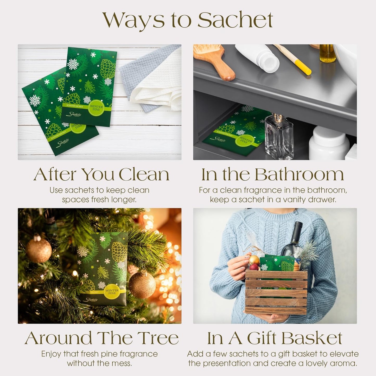 Winter Pine Scented Sachets Pack of 3, Long-Lasting Scented Bags, Home Fragrance, Air Freshener & Deodorizer for Closet, Room, Drawer, or Cars, Made in USA