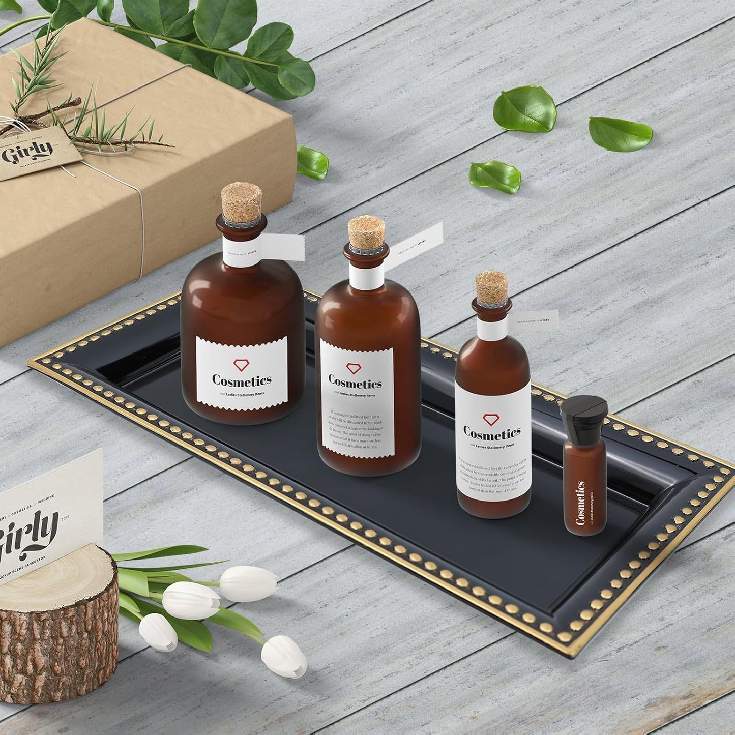 2 Pack Black Bathroom Vanity Tray for Countertop with Beads, Small Plastic Toilet Tank Versatile Storage Organization Tray for Makeup, Perfume, Desk, Kitchen, Candles, 14"x7"x1", 36B