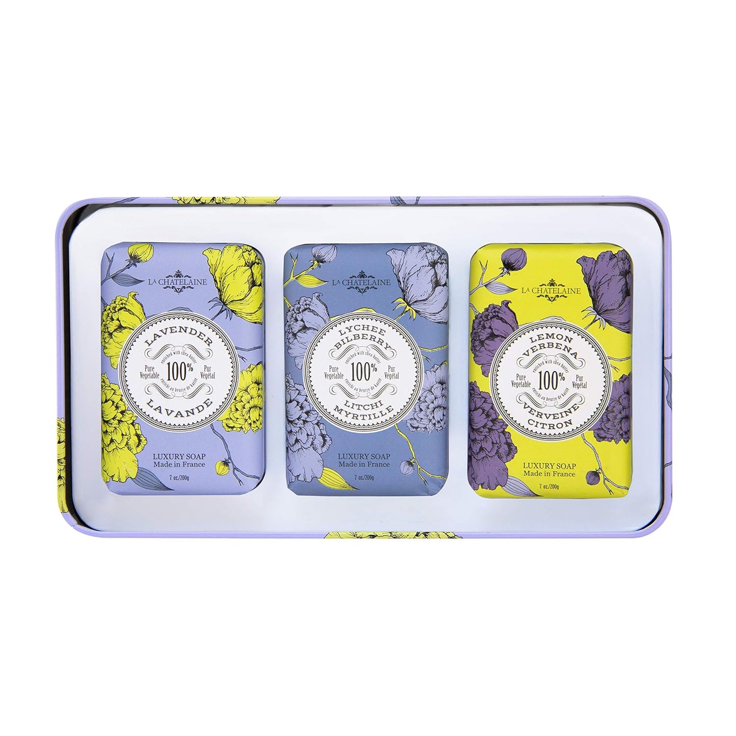 La Chatelaine Luxury Bar Soap Trio Gift Set Tin | Made in France | Natural and Organic | Shea Butter Formula | 3 x 7 oz / 200g - Lavender Soap Trio (Lavender, Lychee Bilberry, Lemon Verbena)
