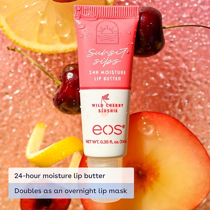 eos Sunset Sips Lip Butter Tube- Wild Cherry Slushie, 24-Hour Moisture, Overnight Lip Mask, Lip Care Products, 0.35 fl oz