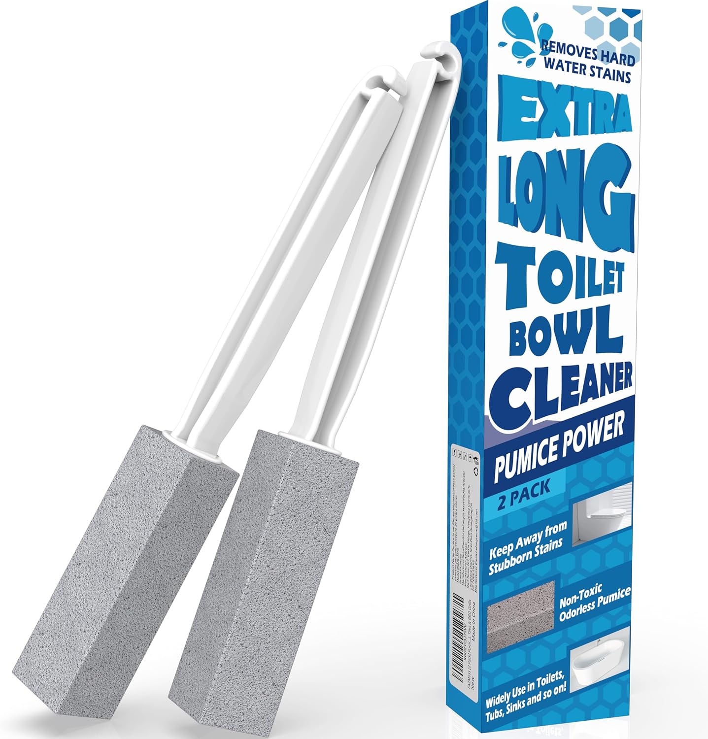 2 Pack Pumice Stone for Toilet Cleaning, Extra Long Handle for Removing Bowl Ring, Pool, Bathroom, Toilet Brush