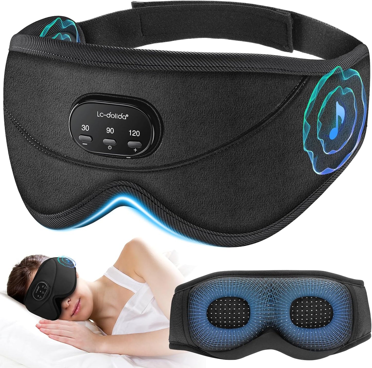 LC-dolida White Noise Sleep Mask, 3D Sleep Headphones with 16 Soothing Sounds, Bluetooth 5.4 Sleep Eye Mask with Timer, Total Blackout Sleeping Headphones for Side Sleeper(Black)