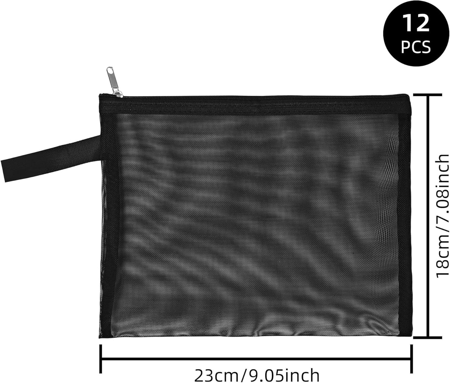 12 Psc Mesh Zipper Pouch Bags,Small Comestic Makeup Bage For Travel, Purse Organizer Pouches (Black, A5*12)