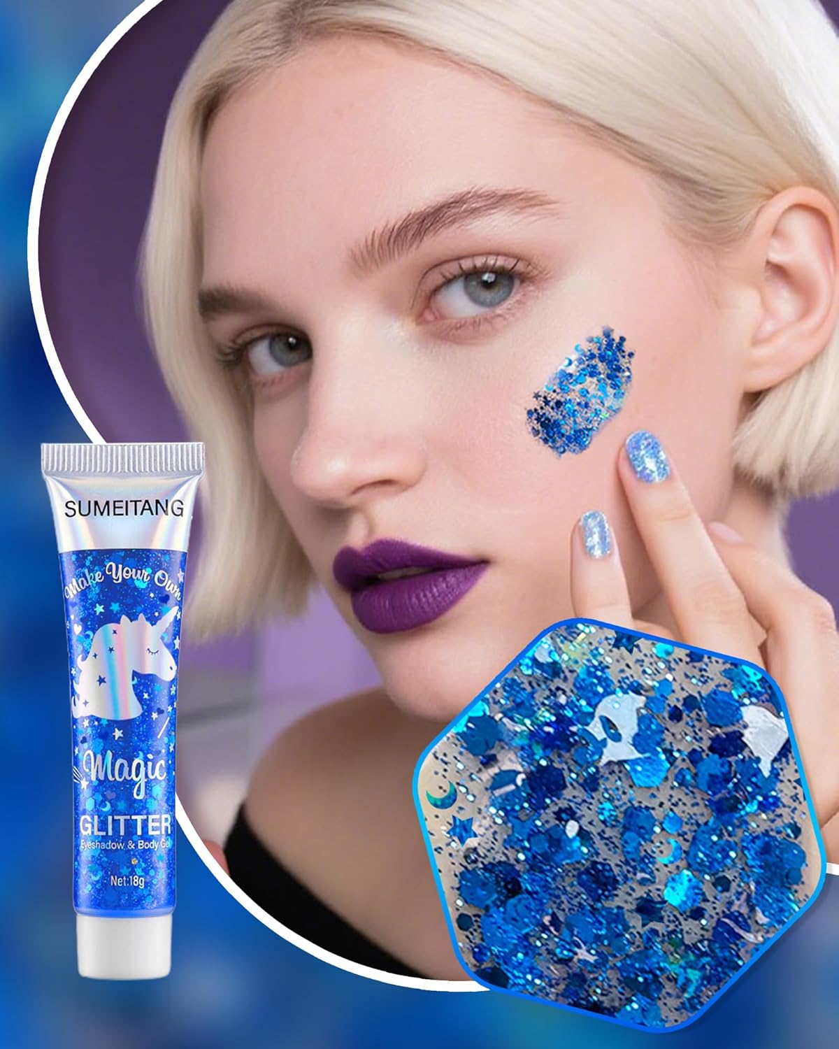 6PCS Blue Face Body Glitter Gel，Holographic Chunky Sequins Body Glitter Paint for Party Singer Concerts Music Festival Rave Accessories for Girls Women Face Body DIY Sparkling Makeup