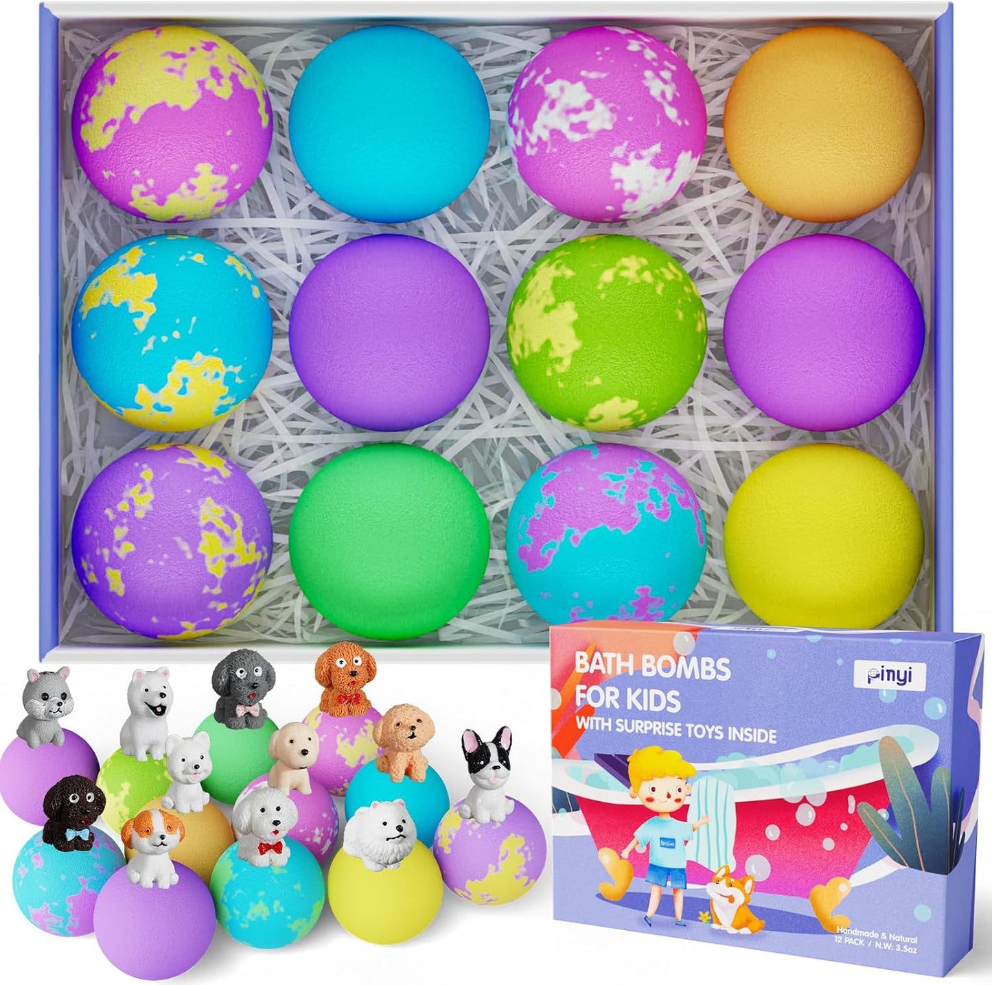 Bath Bombs for Kids, 12 Bath Bombs with Toys Inside, Natural Organic Handmade Kids Bath Bombs Set with Surprise Puppy Dog Toys Inside, Non Toxic & Safe, Birthday Gifts for Kids Boys Girls Toddler