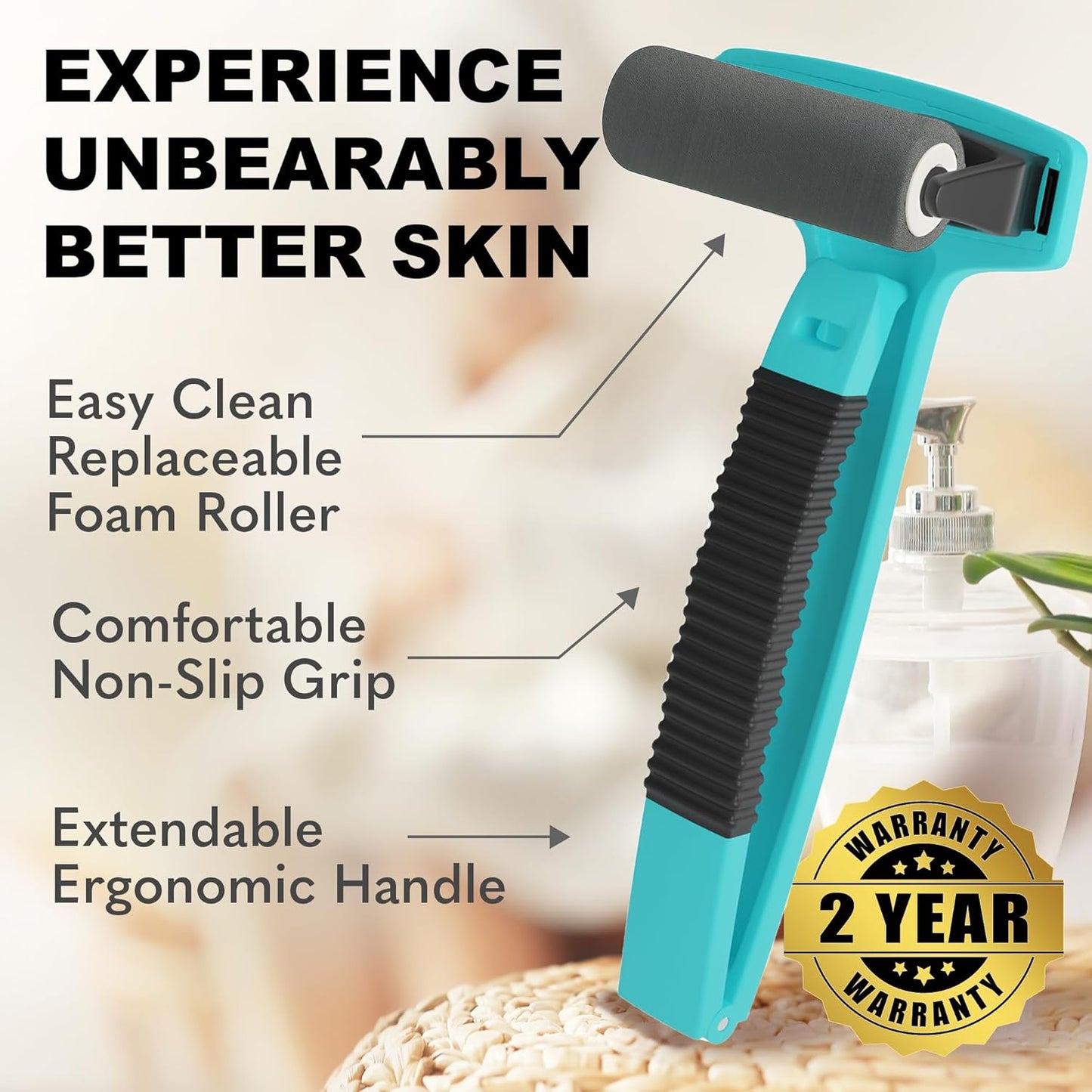 bearback Lotion Applicator for Back & Body – Long Reach Folding Handle with 2 Reusable Foam Rollers – Apply Lotion, Medication, Ointment, Sunscreen, Self Tanner – American Small Business (Teal)