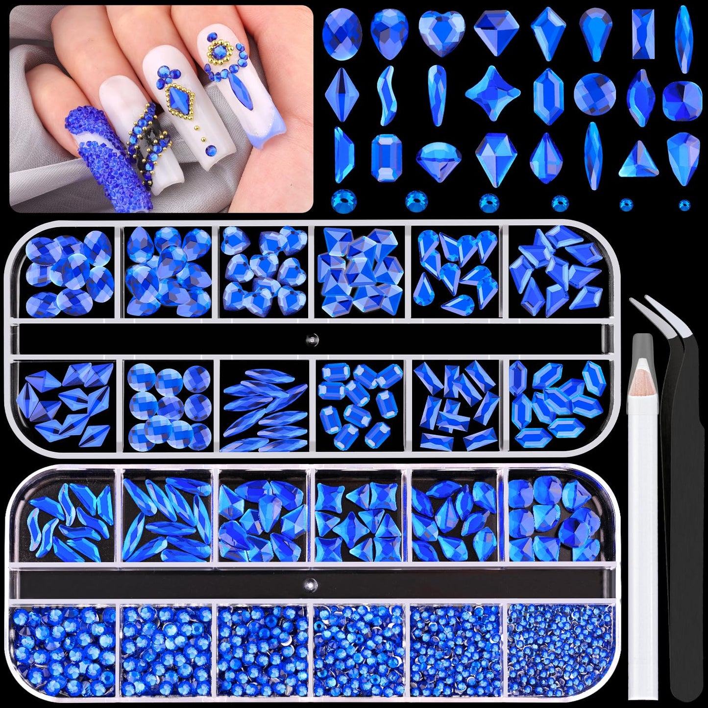 1680Pcs Royal Blue Glass Nail Rhinestones 180Pcs Multi Shapes Flatback Nail Gems + 1500Pcs 1.5-4mm Round Crystal, Manicure Nail Charms Diamond Gemstones for Acrylic Nails Decoration