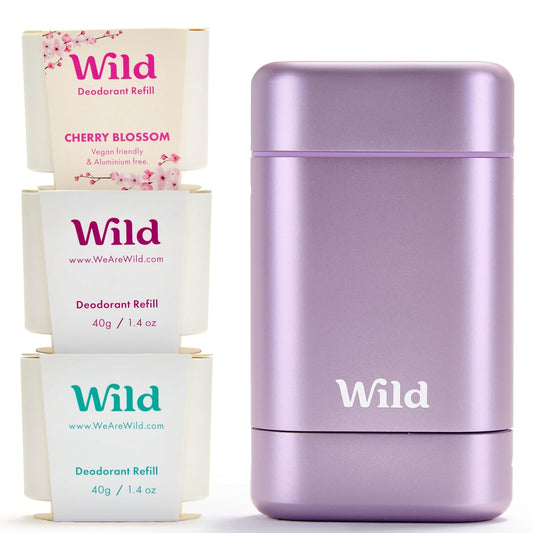 Wild - Purple Case with Refill Variety Pack - Refillable Deodorant - Aluminum Free - Includes Fresh Cotton & Sea Salt, Cherry Blossom and Coconut & Vanilla Scents - Vegan