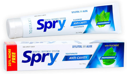 Spry Natural Xylitol Toothpaste 5oz for Adults and Kids with Fluoride, Gentle for Sensitive Teeth Whitening and Remineralizing, Breath Freshening, Mouth Moisturizing, Peppermint (Pack of 1)