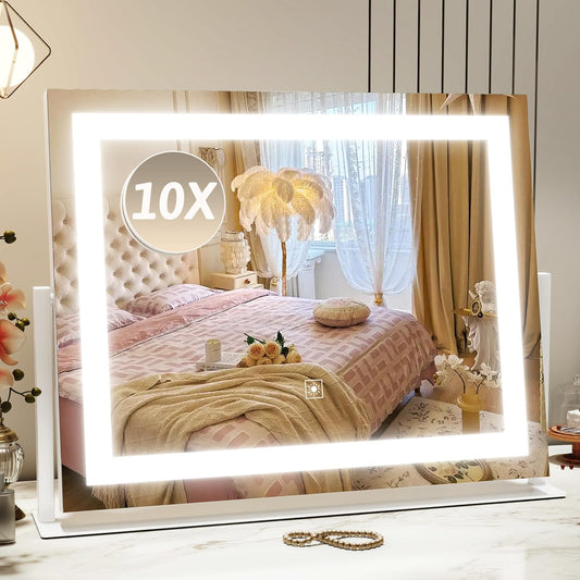 Vanity Mirror with Lights 22"x18", Lighted Makeup Mirror with 10X Magnification, Smart Touch 3 Colors Dimmable, 360° Rotation, Women Gift, Dresser Mount, Bathroom (White)