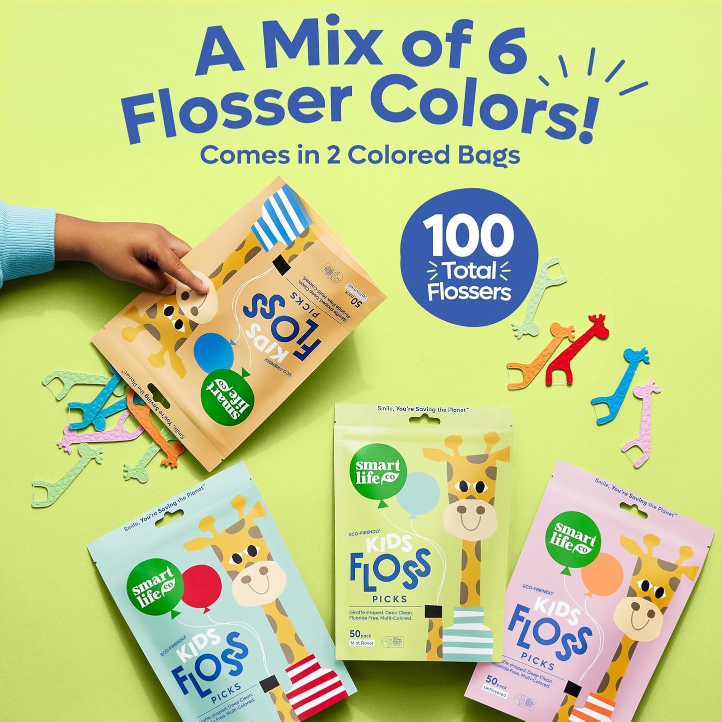 SmartLifeco Eco-Friendly Kids Flossers (100ct) - The Original Straw Wheat Dental Floss Picks for Children, Fluoride & PFA Free, Toothpick Flossing Sticks for Toddlers Teeth, No Shred Thread, Mint
