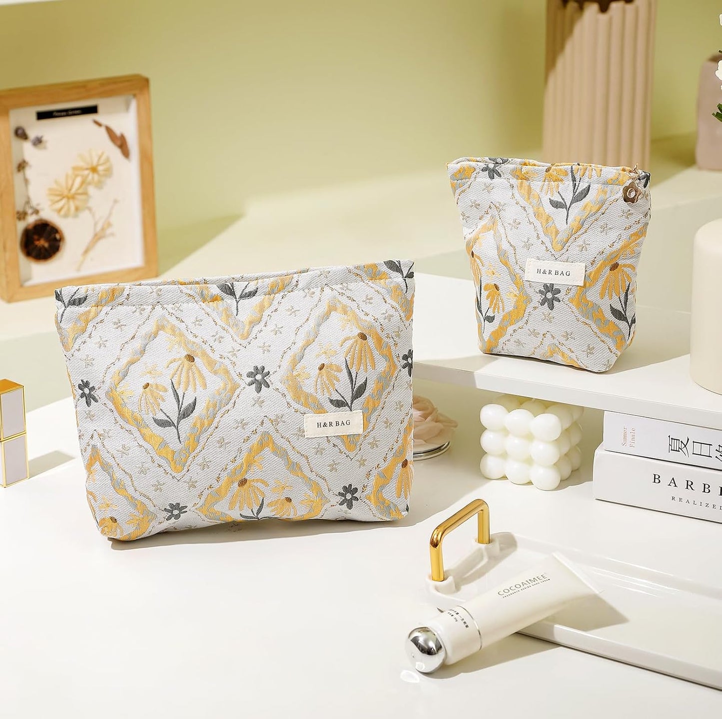 2 Pcs Makeup Bags, Large Cosmetic Bag Travel Toiletry Bag Organizer for Women, Embroidery Craft, Floral Makeup Bag Small Cosmetic Pouch Purse with Zipper Gifts for Girls Teen