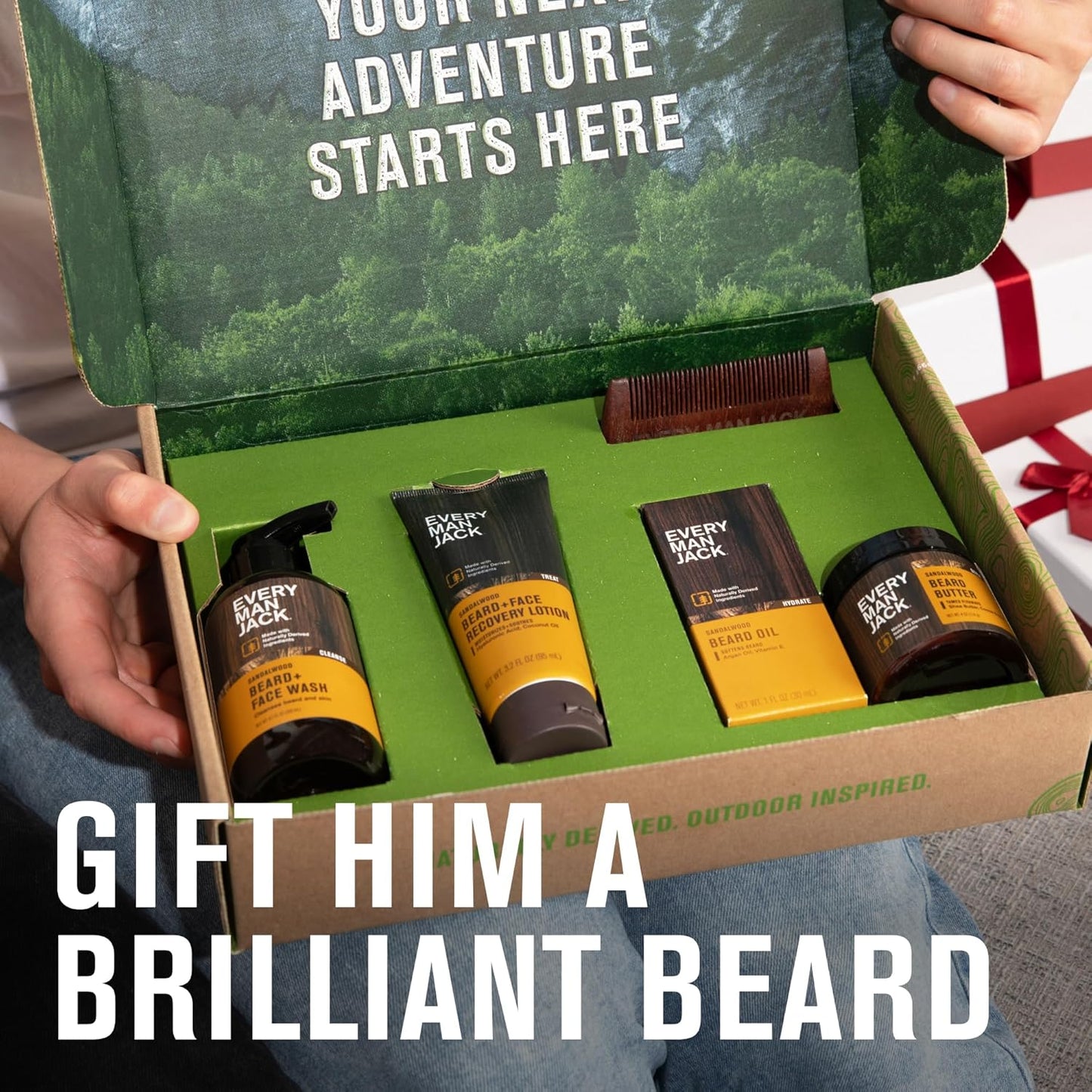 Every Man Jack Men's Sandalwood Beard Set - Perfect for Every Guy - Five Grooming Essentials For a Complete Routine - Beard + Face Wash, Beard + Face Lotion, Beard Oil, Beard Butter, and Beard Comb