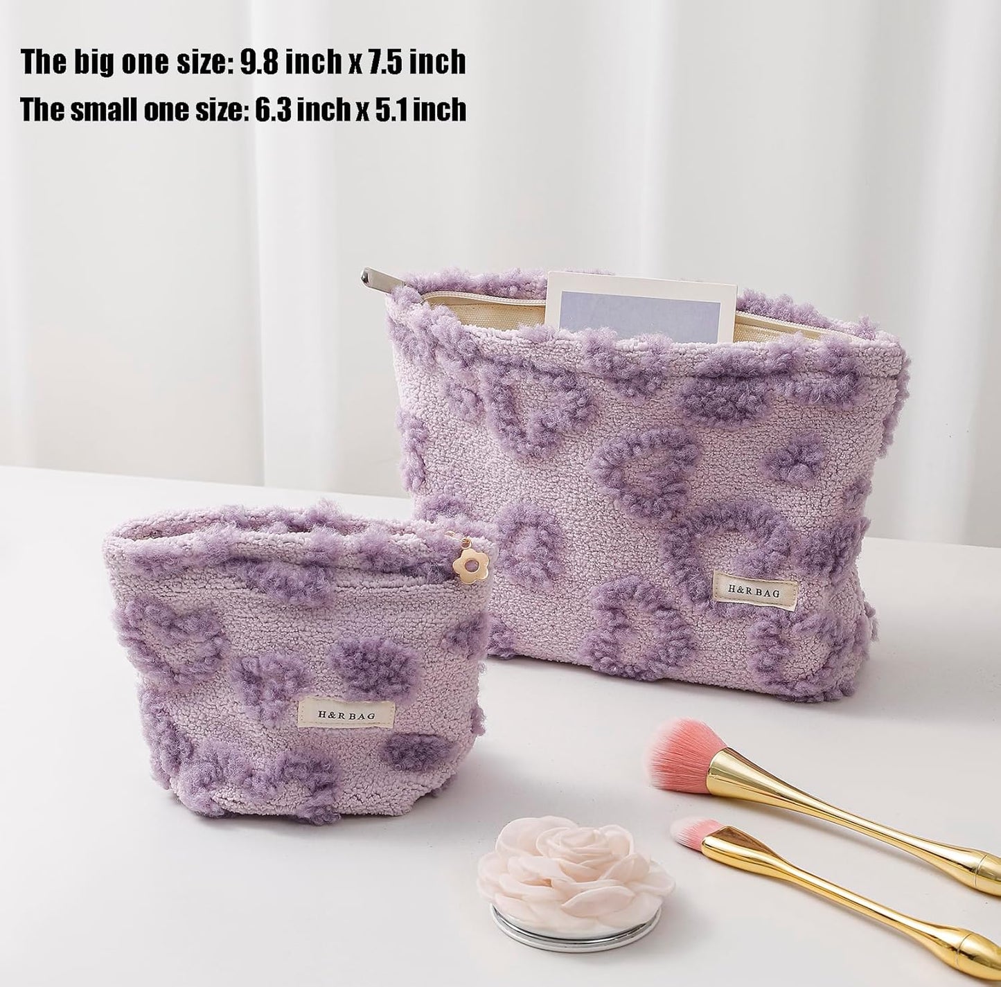 2 Pcs Makeup Bags, Large Cosmetic Bag Travel Toiletry Bag Organizer for Women, Plush Makeup Bag Small Cosmetic Pouch Purse with Zipper Gifts for Girls Teen