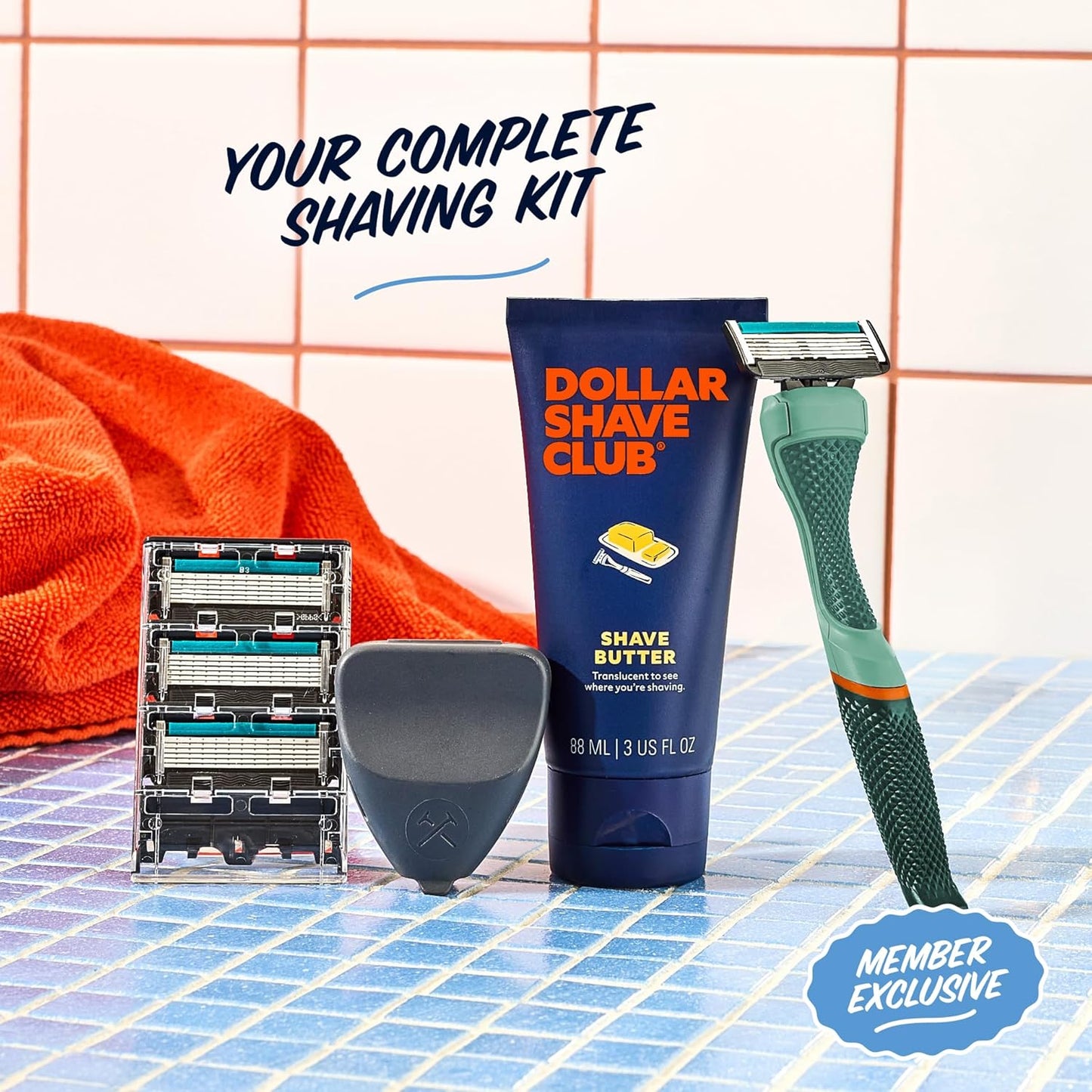 Dollar Shave Club | The Member Exclusive Shave Set | 4 Extra Close Refill Cartridges, 1 Handle (Green), 1 Shave Butter 3 ounce, 1 Razor Cover, Razors for Men