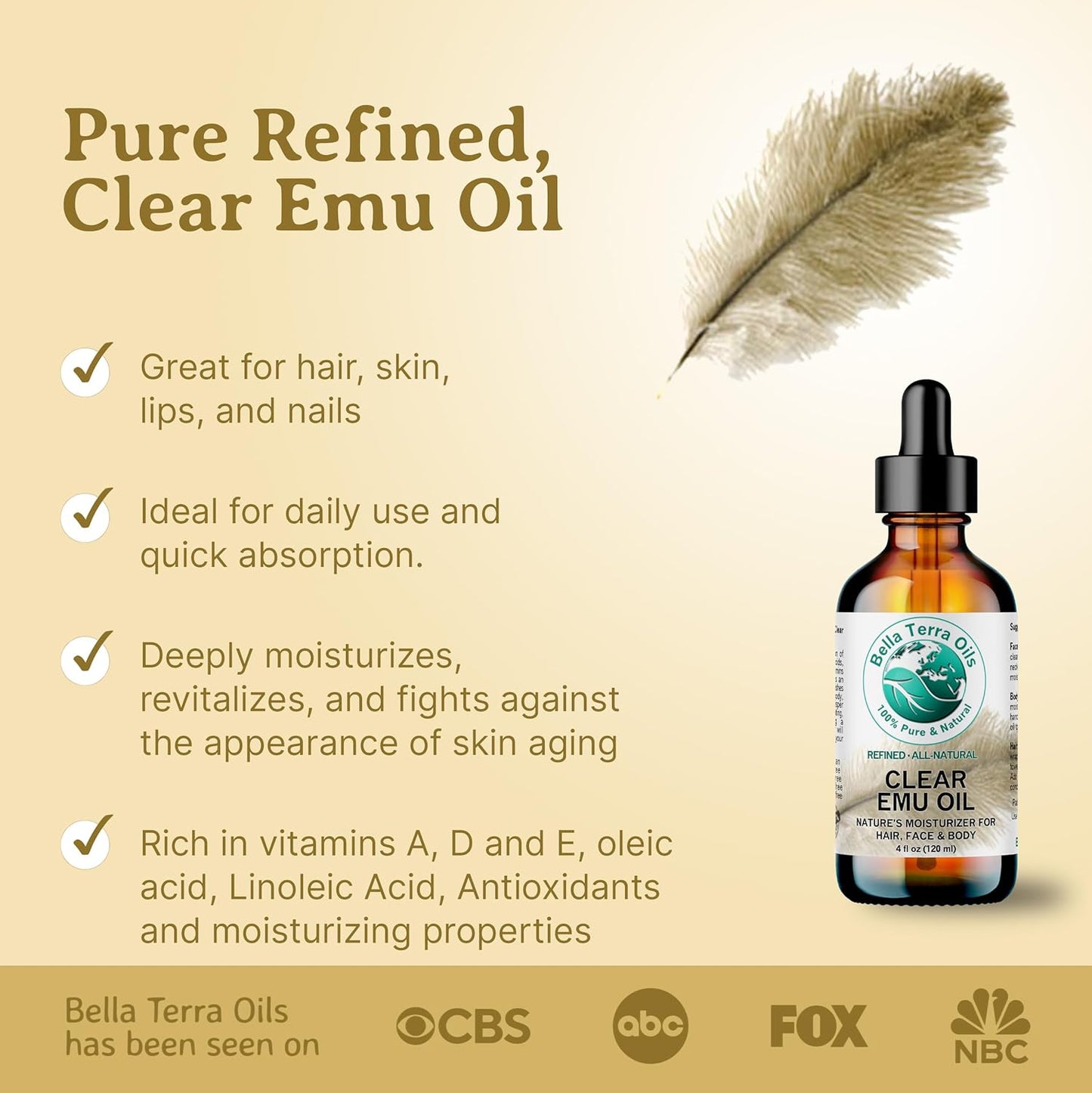 Bella Terra Oils - Clear Emu Oil 16 oz - Celebrate Nature's Best Kept Beauty Secret, Enriched with Omega Fatty Acids, Natural Elixir for Radiant Skin
