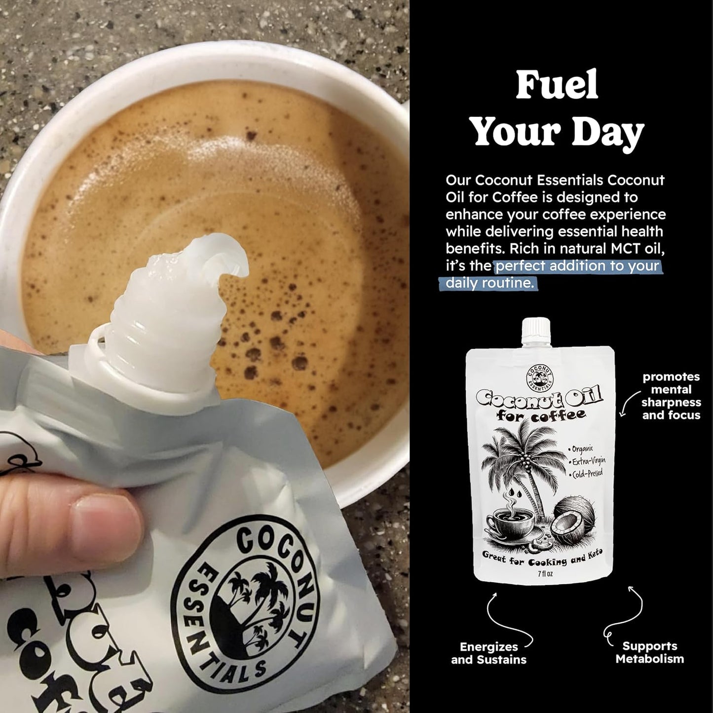 Coconut Essentials - Organic Coconut Oil for Coffee, Cold-Pressed, MCT Oil for Weight Loss, Brain & Digestive Health, Keto-Friendly, Natural Slim, 1 Pouch, 7 fl oz