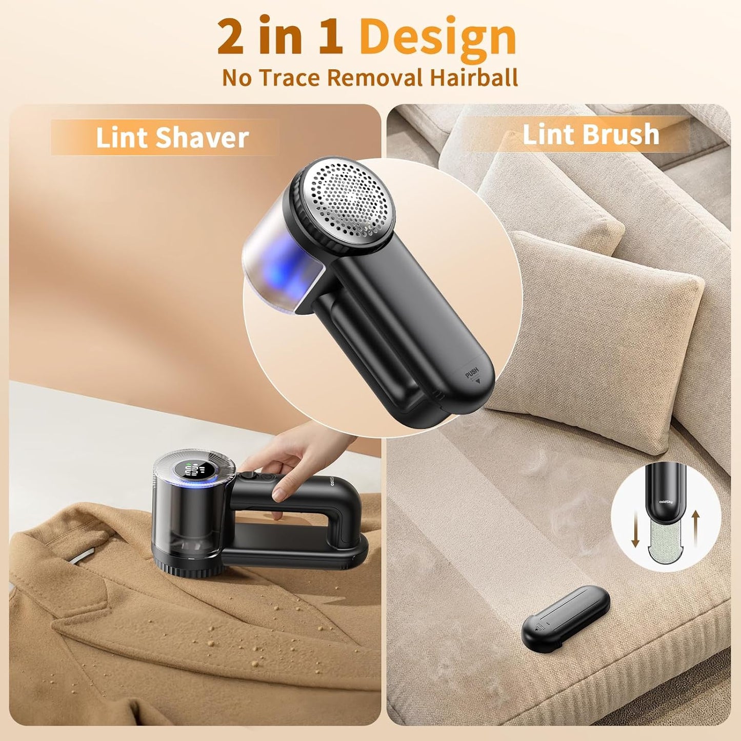 coldSky Electric Fabric Shaver & Lint Remover, Rechargeable Portable 3-Speed LED Digital Display Sweater Defuzzer for Clothes, Sofa, Bedding - Removes Lint, Hairball, Fuzz - Black