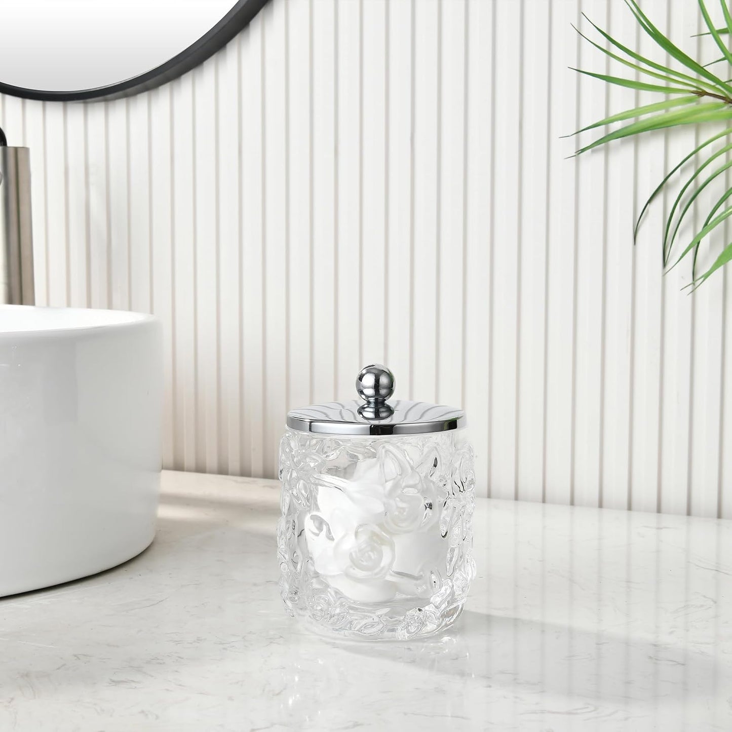 Home Glass Cotton Jar Holder Silver Lid, Elegant Bathroom Storage Canister for Qtips, Cotton Balls, Floss, Makeup Organizer, Vanity Bathroom Organization