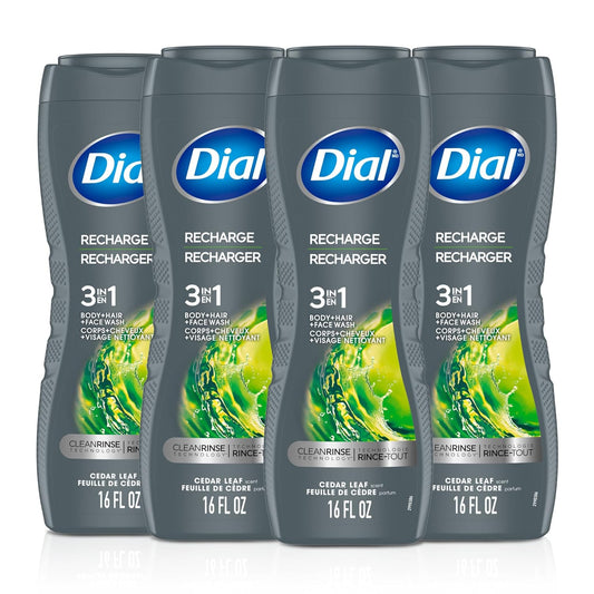 Dial Men 3 in 1 Body, Hair and Face Wash, Recharge, 16 Fl Oz (Pack of 4), Cedar Leaf Scent, Cleanses Deep + Gentle on Skin with Clean Rinse Technology