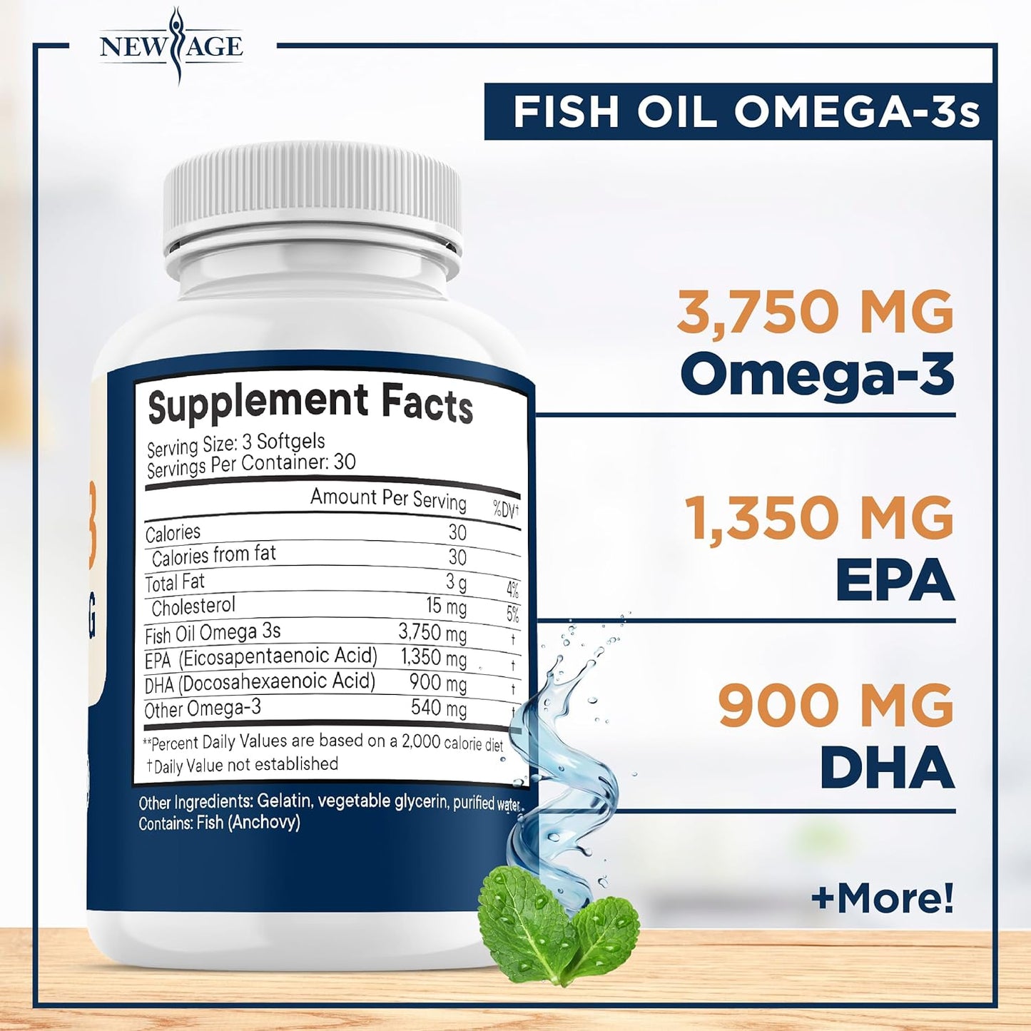 Triple Strength Omega 3 Fish Oil 3750 mg - EPA & DHA - Over 3000mg Omega-3 Fatty Acids - 1350mg EPA + 900mg DHA - Best Essential Fatty Acids, Burpless Fish Oil - 180 Count