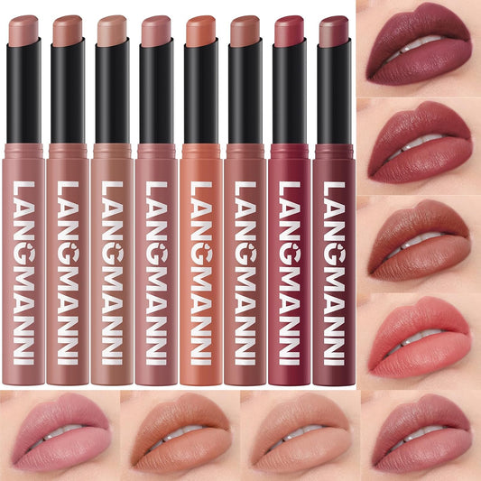 Jolilab 8Pcs Velvet Matte Lipstick Nude Matte Soft Dark Color Stick High Pigmented Long-Lasting Waterproof Lip Stick Lip Balm Beauty Cosmetics Gift for Girls and Women（01-06+11+12