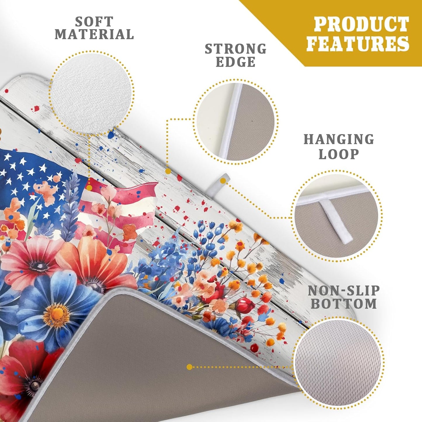 4th of July Dish Drying Mat 18x24 inch Patriotic Floral Fast Dry Microfiber Reversible Dish Drainer Rack Pad Kitchen Counter Accessories