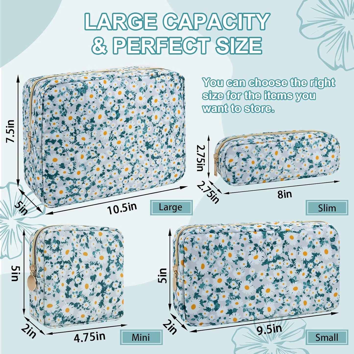 Waterproof Mini Floral Makeup Bag Pouch for Purse,Nylon Flower Cosmetic Travel Bag Small Preppy Toiletry Organizers Bag for Women Girl,Cute Zipper Pouch Coin Purse for Work(Mini Green-Daisy)