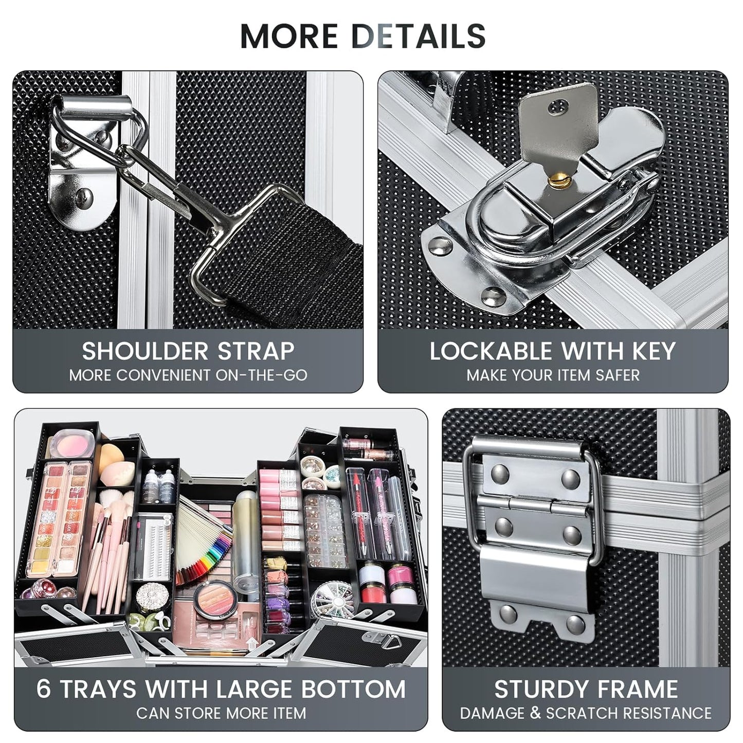 FRENESSA Makeup Train Case Makeup Case 12.6 Inch Large Cosmetic Box Organizer Travel Storage Professional Make Up Train Carrying Case with 6 Trays Locking Shoulder Strap Hard Vanity Storage Black