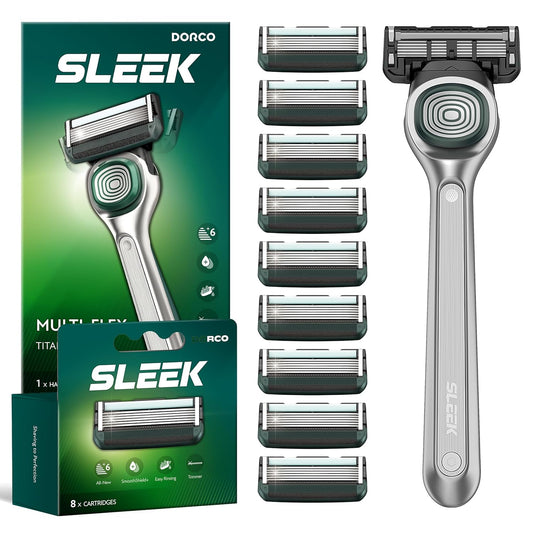 DORCO SLEEK Six Blade Razor System Bundle with Multi-Flex Technology, Ergonomic Handle With Precision Shaving Razor Replacements, 10 Cartridges