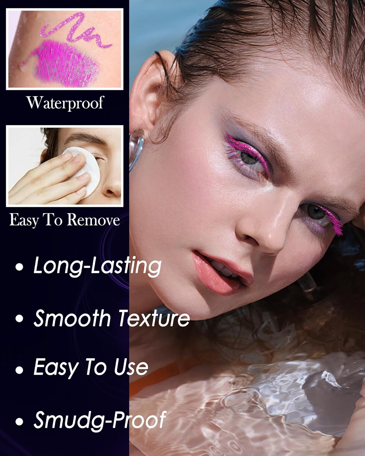 UV Neon Purple Mascara & Eyeliner Set, Waterproof Volumizing Colored Mascara Volume and Length for Lashes Lengthening, Long Lasting Glitter Liquid Eyeliner Pencil, Halloween Glow in the Dark Makeup-01