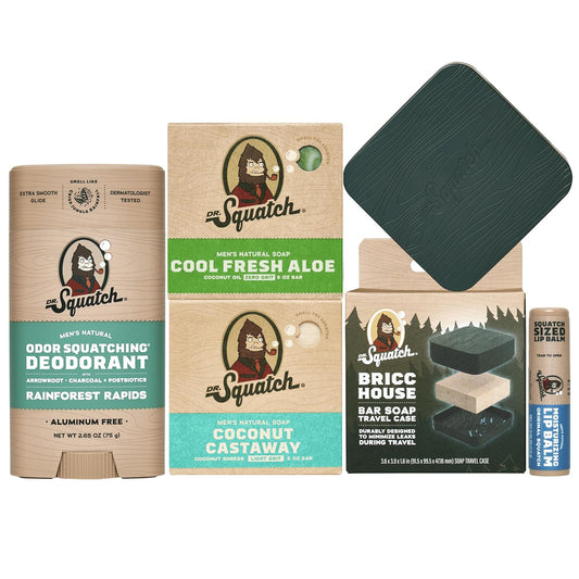 Dr. Squatch NEW Bricc House Travel Pack - Soap Travel Case + Cool Fresh Aloe, Coconut Castaway Soap + Rainforest Rapids Deodorant + Original Squatch Lip Balm - Full Routine Natural Men's Care Kit