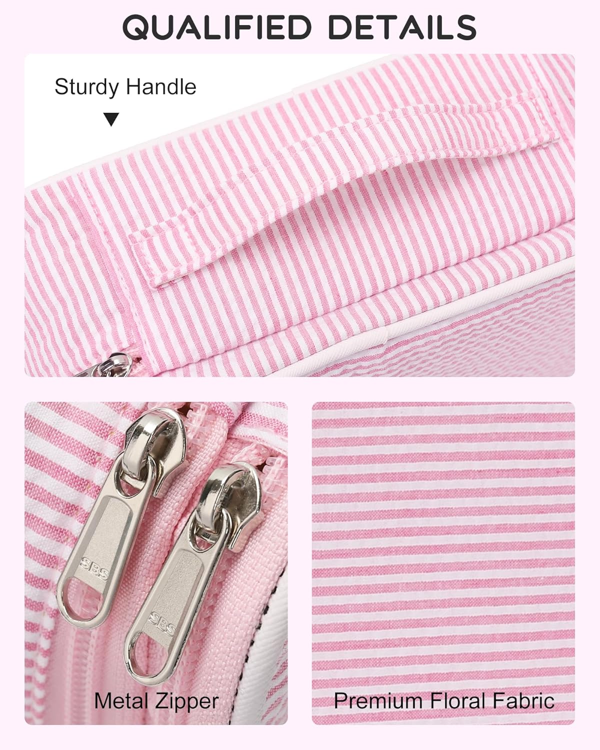 Relavel Cute Makeup Bag for Girls, Portable Pink Cosmetic Bag, Dual-layer Makeup Pouch with Brush Holder, Multi-Functional Preppy Toiletry Organizer for Travel, Daily Use - Pink Strip
