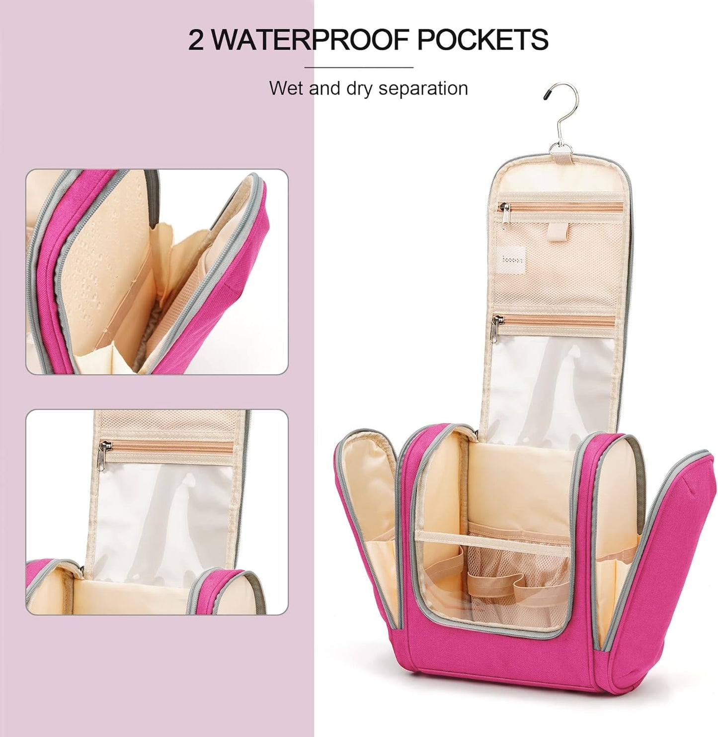 Hanging Travel Toiletry Bag for Women and Men, 6 Organizer Compartments, Extra Large Toiletries Bag, Bathroom Cosmetic Bag, Water-resistant Makeup Bag, Holds Full-Size Shampoo, Rose Red