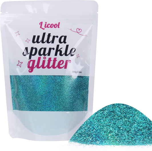 Holographic Fine Glitter, 100g/3.5oz Extra Fine Glitters Powder Packs for Resin, Craft Glitter for Tumblers Candle Slime Making, Festival Body Face Eyeshadow Nail Glitter (Laser Teal Blue)