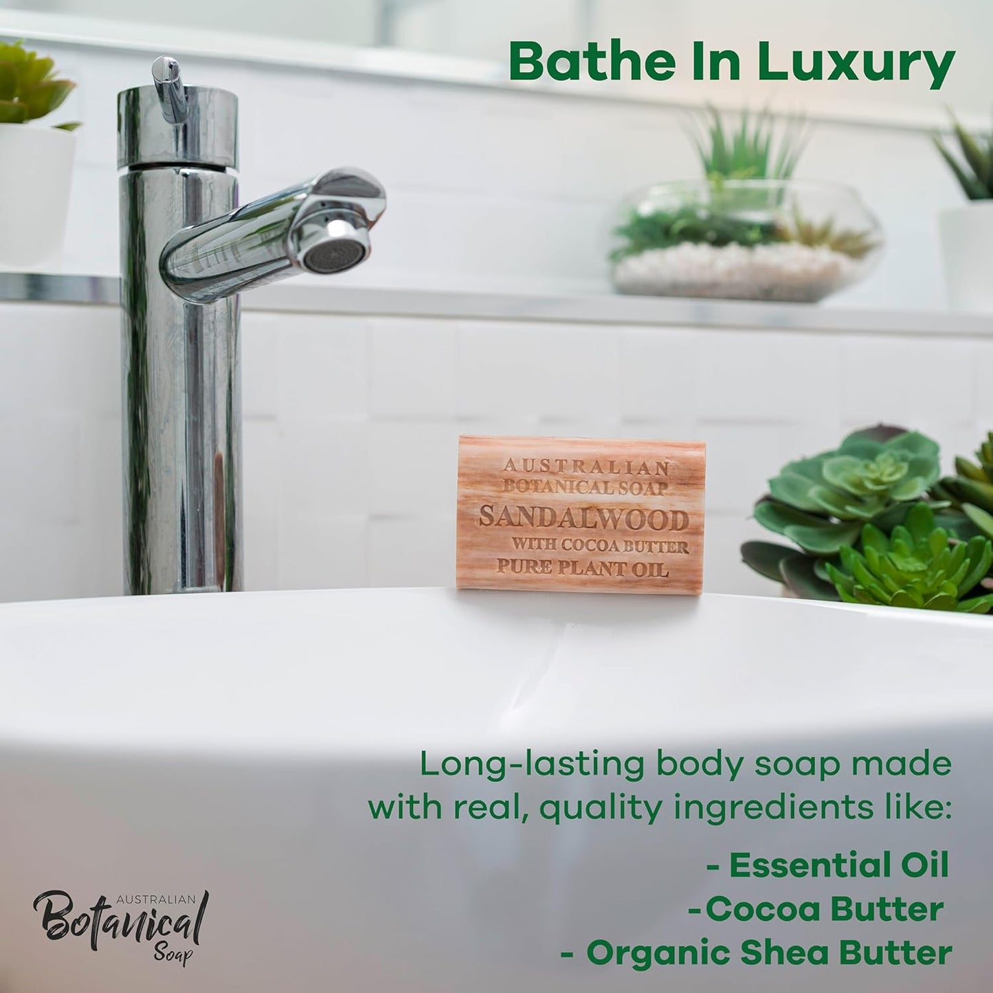 Australian Botanical Soap, 6.6 OZ, Sandalwood and Cocoa Butter, Triple Milled Bars made with a Natural Soap Base and Enriched with Organic Shea Butter, Pack of 8