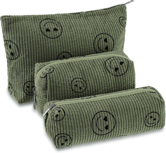 3 Pcs Makeup Bag Set for Women Corduroy Cosmetic Pouch Aesthetic Smile Travel Toiletry Bag Cute Purse Pouch Pencil Case Makeup Brushes Storage Organizer for Christmas(Army Green,Smile Face)