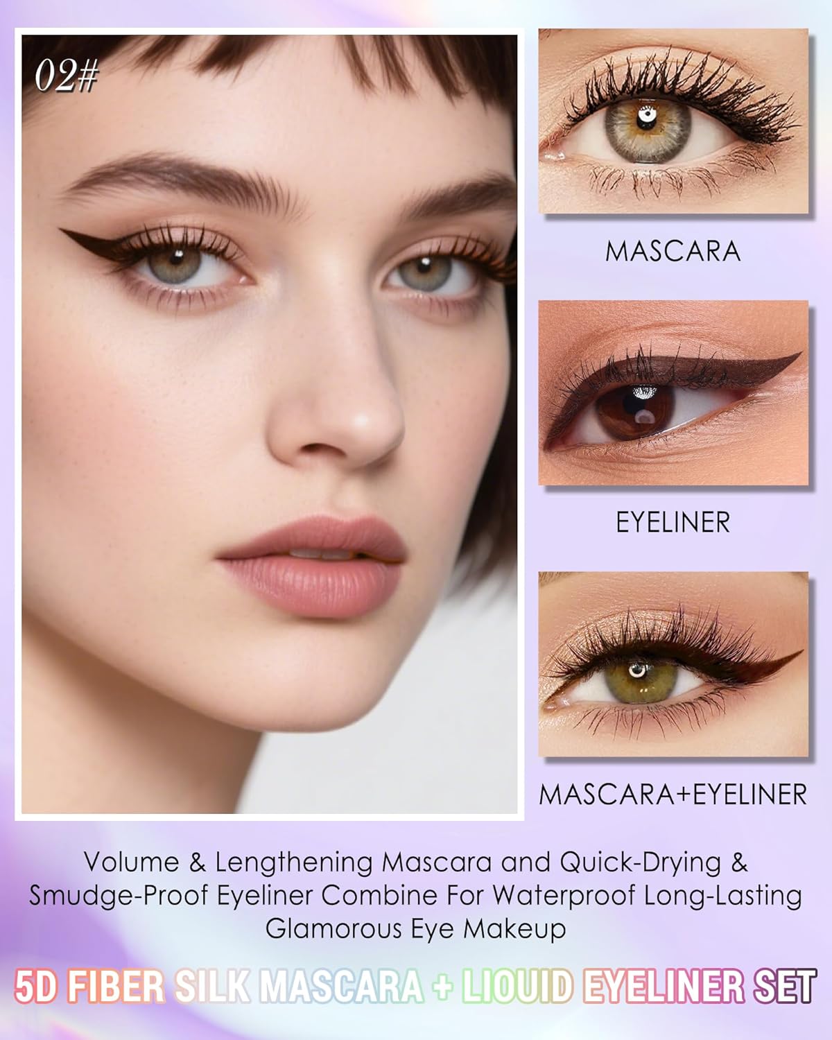 Brown Mascara Liquid Eyeliner Set, Update Longlasting Waterproof Color Eye Liner Pen, 5D Silk Fiber Colored Mascara Volume and Length, Halloween Party Stage Use Eye Makeup Gift Kit for Women Girl-02