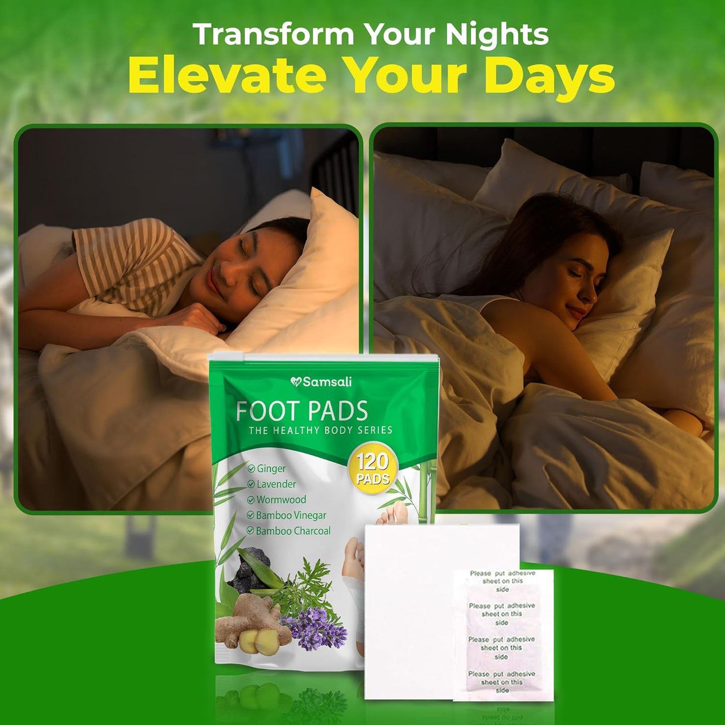 Samsali Ginger Foot Pads for Pain Relief: 120-Pack Natural Bamboo Vinegar Bamboo Charcoal Wormwood Lavender Ingredients Foot Patches - Comfort for Stress Relief - Ideal for Adults Elderly Sleep