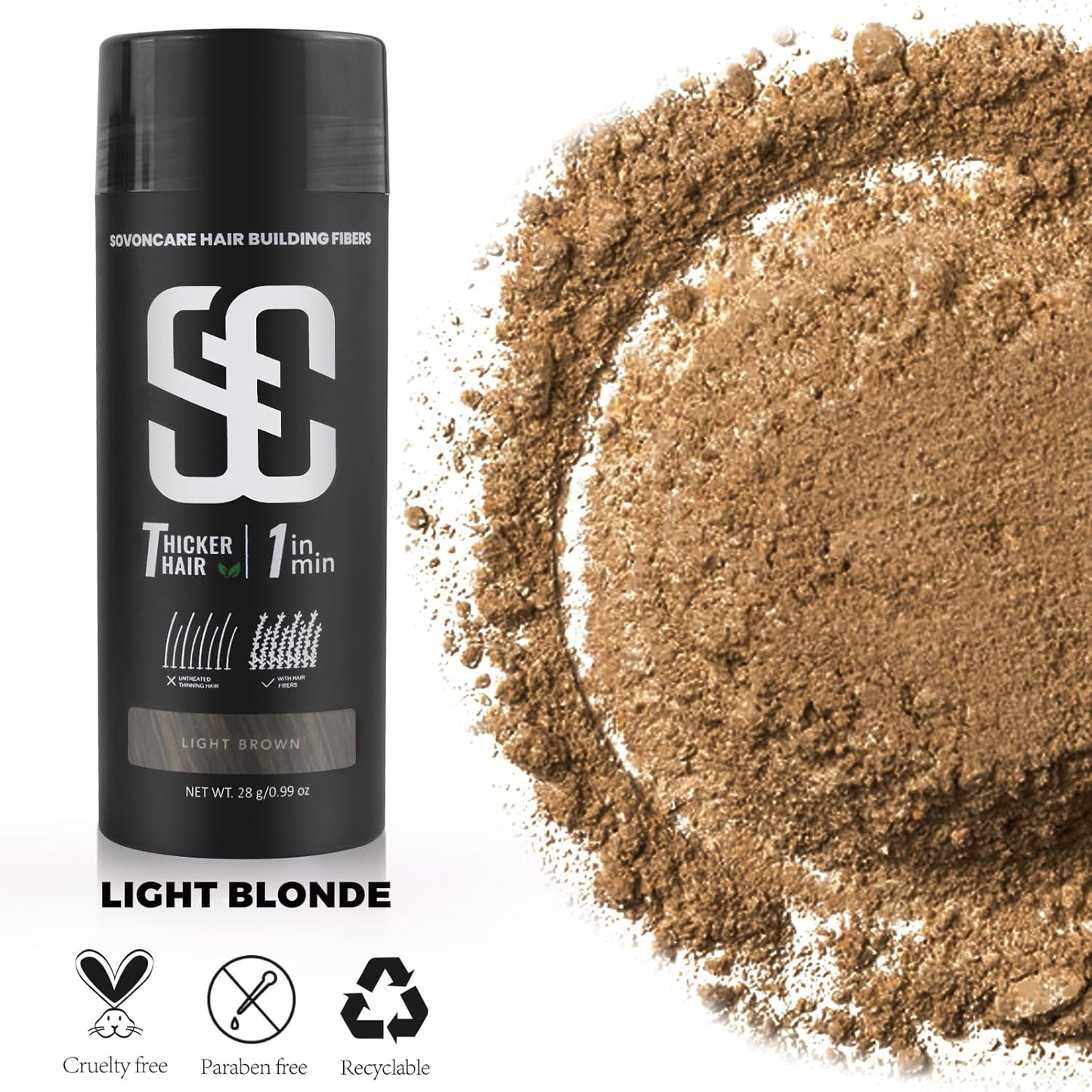 SOVONCARE Hair Fibers for Thinning Hair Light Brown, Hair Building Fibers for Bald Spots Undetectable & Natural, Conceals Hair Loss Fill In Fine Hair Powder Hair Thicker Instantly for Women & Men 28g